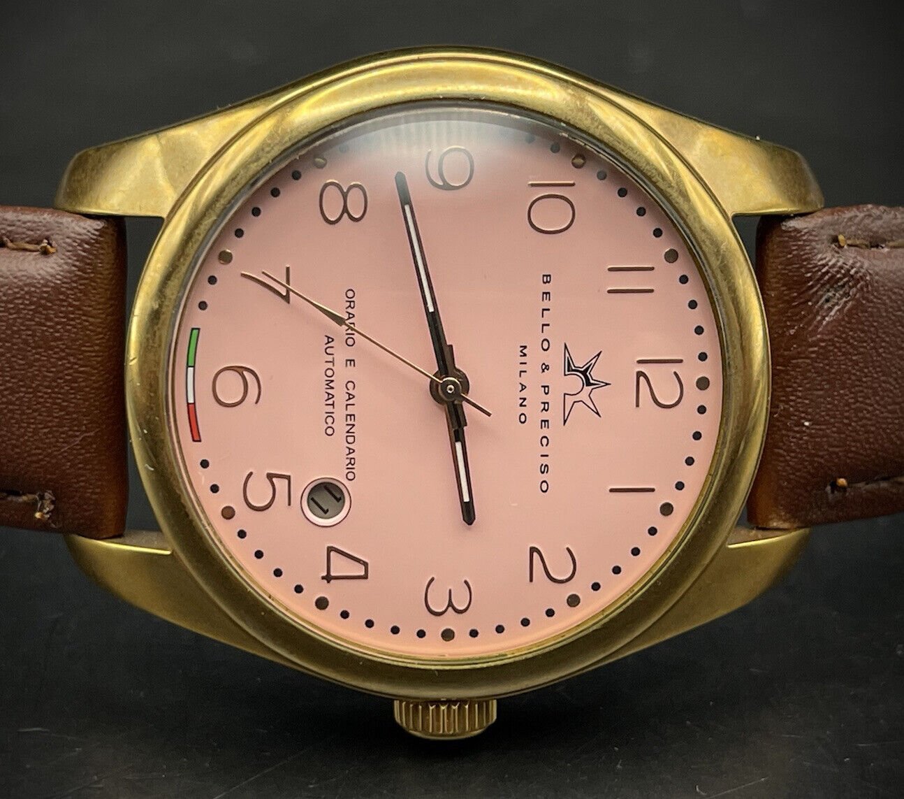 Bello & Preciso Milano Italain Mens Watch NOS Pink Dial Automatic 40mm - Grab A Watch Co