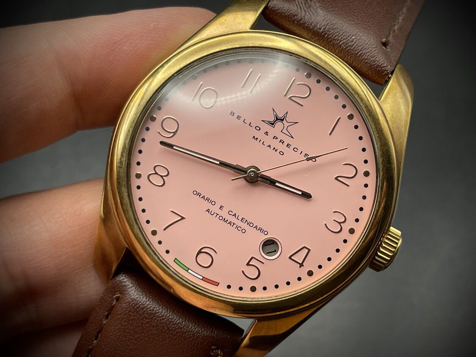Bello & Preciso Milano Italain Mens Watch NOS Pink Dial Automatic 40mm - Grab A Watch Co