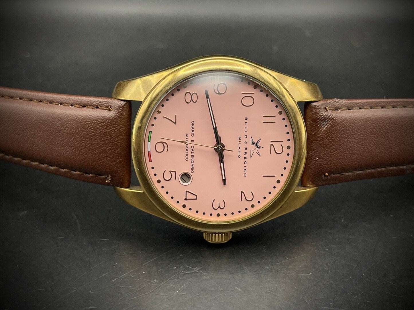 Bello & Preciso Milano Italain Mens Watch NOS Pink Dial Automatic 40mm - Grab A Watch Co