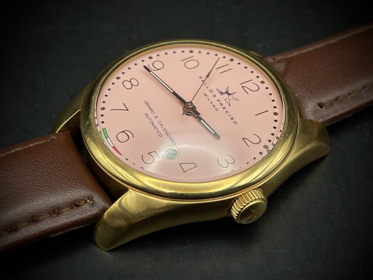 Bello & Preciso Milano Italain Mens Watch NOS Pink Dial Automatic 40mm - Grab A Watch Co
