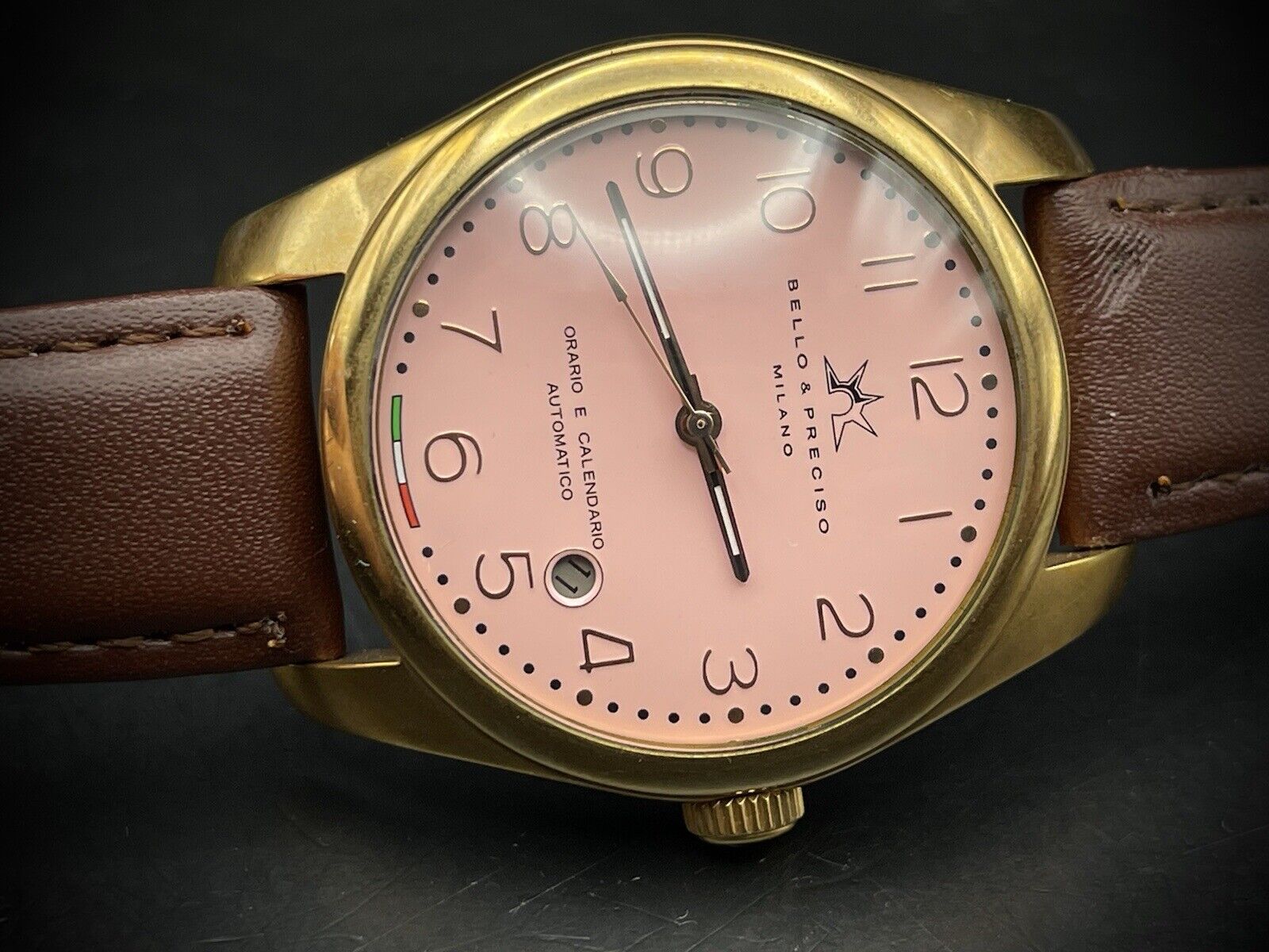 Bello & Preciso Milano Italain Mens Watch NOS Pink Dial Automatic 40mm - Grab A Watch Co
