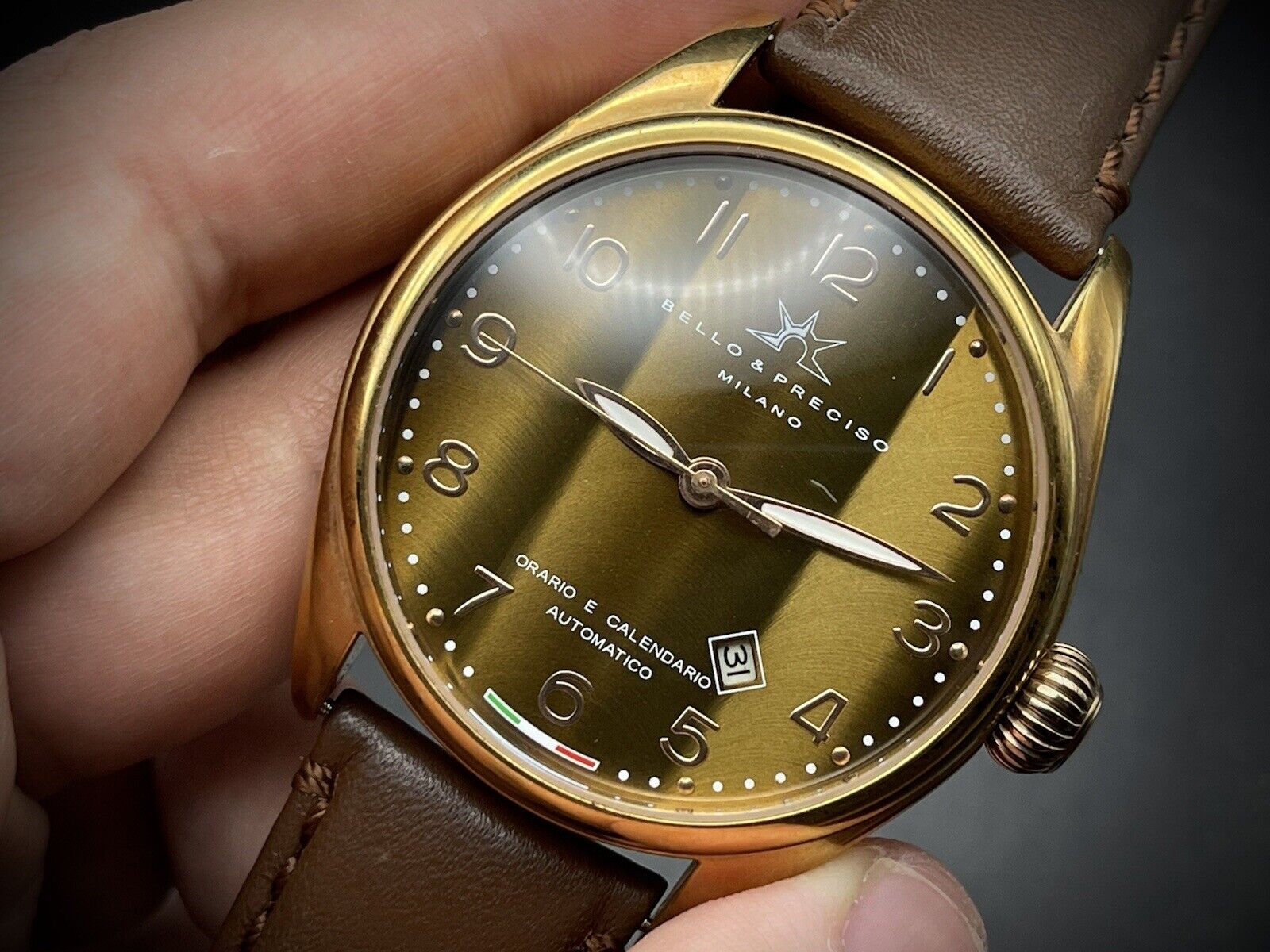 Bello & Preciso Milano Italain Mens Watch NOS Rare Brown Dial Automatic 43mm - Grab A Watch Co