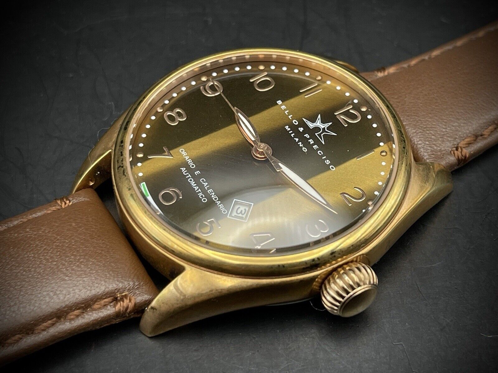 Bello & Preciso Milano Italain Mens Watch NOS Rare Brown Dial Automatic 43mm - Grab A Watch Co