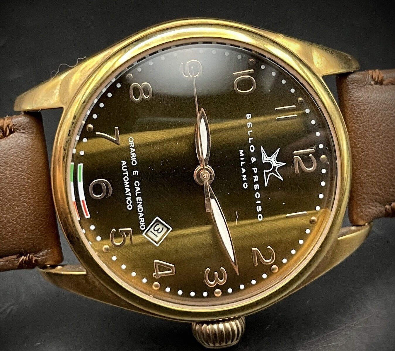 Bello & Preciso Milano Italain Mens Watch NOS Rare Brown Dial Automatic 43mm - Grab A Watch Co