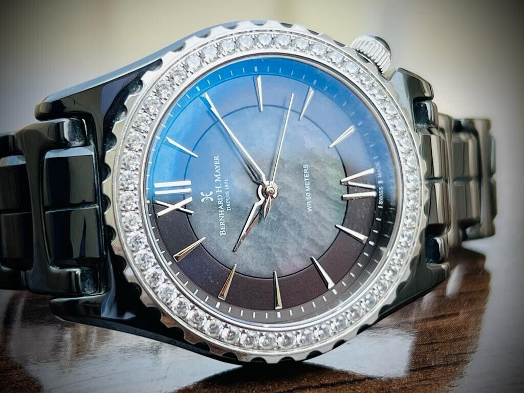 Bernhard H. Mayer La Vida MOP Dial Diamond Bezel Black Ceremic Mens Watch 38mm - Grab A Watch Co