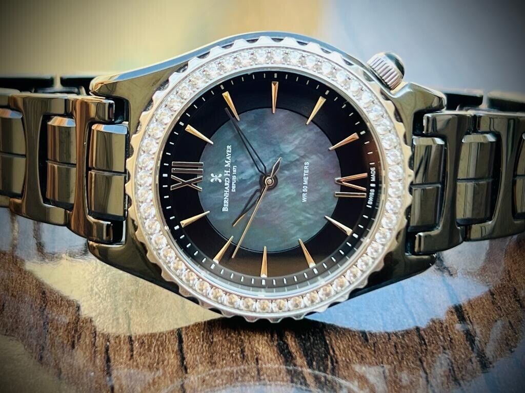Bernhard H. Mayer La Vida MOP Dial Diamond Bezel Black Ceremic Mens Watch 38mm - Grab A Watch Co