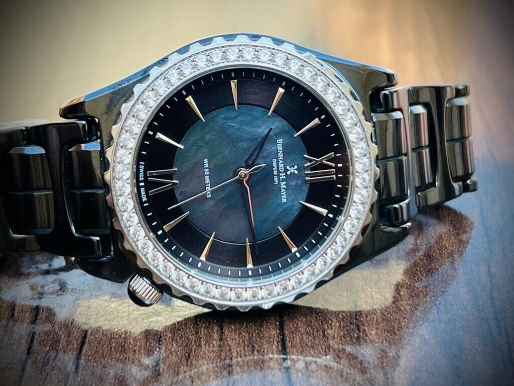 Bernhard H. Mayer La Vida MOP Dial Diamond Bezel Black Ceremic Mens Watch 38mm - Grab A Watch Co