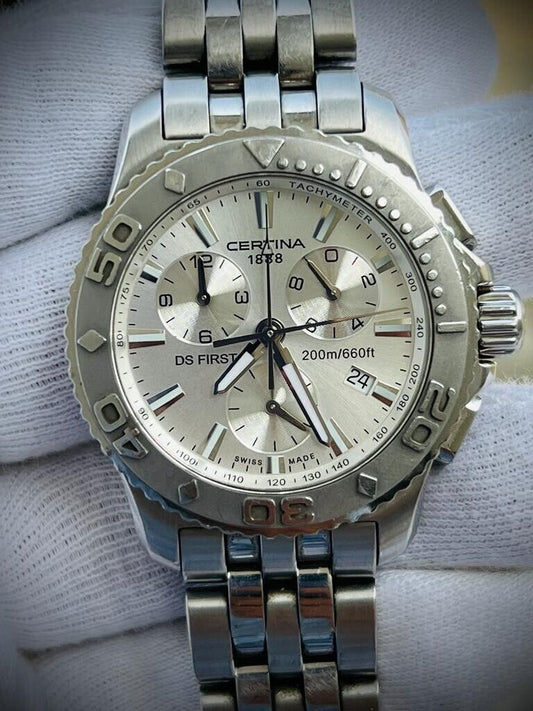 Certina DS First Chronograph 200m Silver Dial Quartz Mens Watch 42mm, Swiss Made - Grab A Watch Co