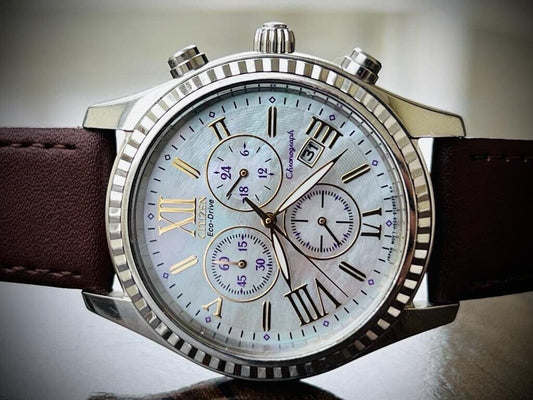 Citizen Eco Drive Chronograpgh Mother Of Pearl Dial Mens Watch 40mm, Rare - Grab A Watch Co