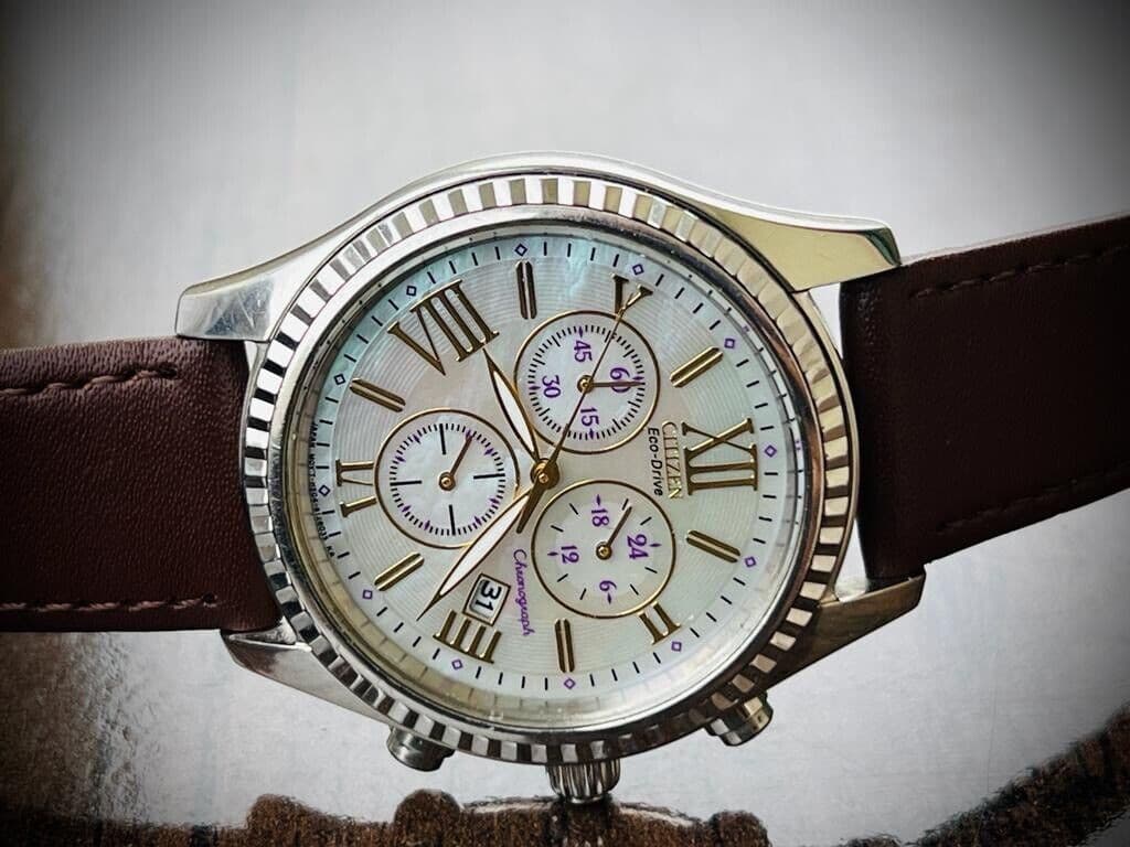 Citizen Eco Drive Chronograpgh Mother Of Pearl Dial Mens Watch 40mm, Rare - Grab A Watch Co