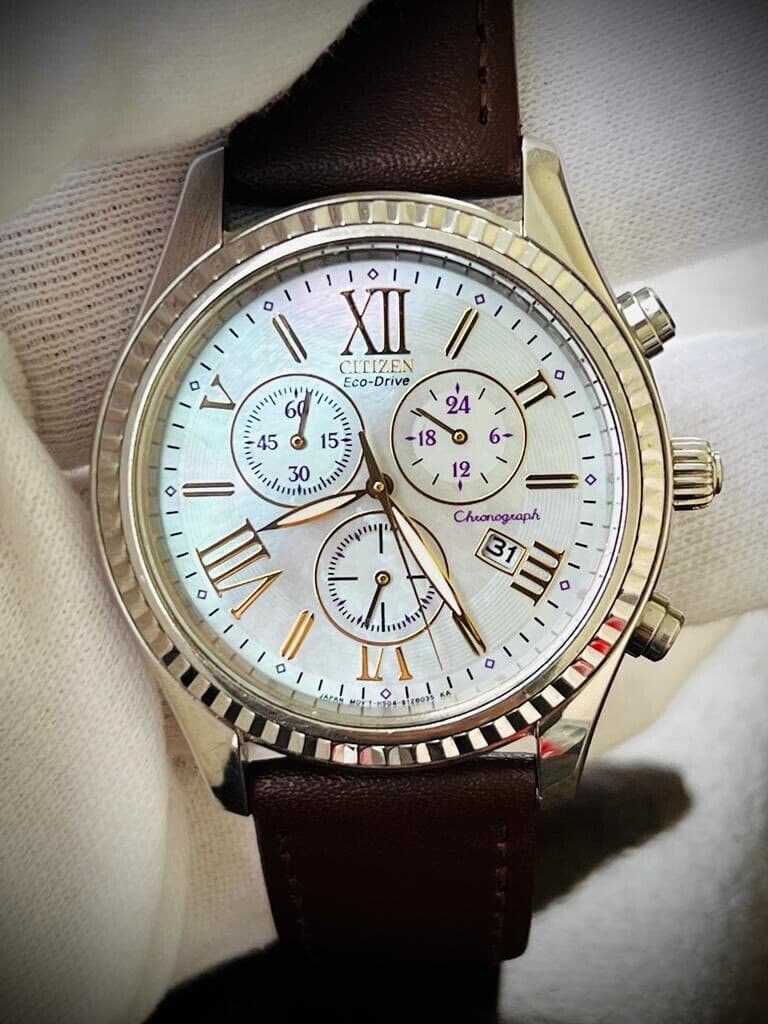 Citizen Eco Drive Chronograpgh Mother Of Pearl Dial Mens Watch 40mm, Rare - Grab A Watch Co