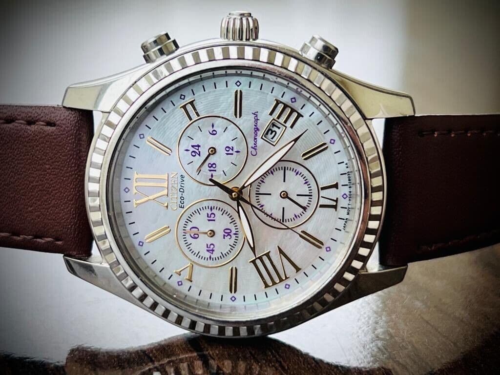 Citizen Eco Drive Chronograpgh Mother Of Pearl Dial Mens Watch 40mm, Rare - Grab A Watch Co