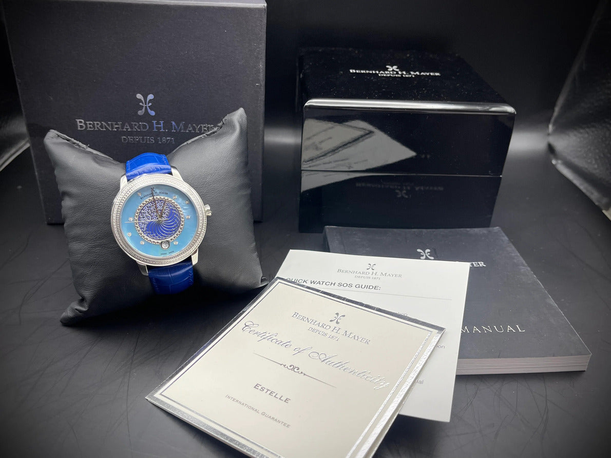 Bernhard H. Mayer Estelle Mother Of Pearl Diamond Dial Unisex Watch 37mm with box & papers
