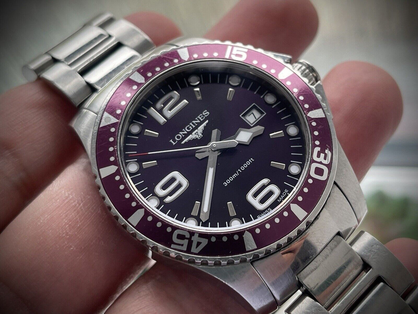 Longines Hydro Conquest Rare Purple Dial 39mm 1000ft Quartz Watch, L3.640.4 - Grab A Watch Co