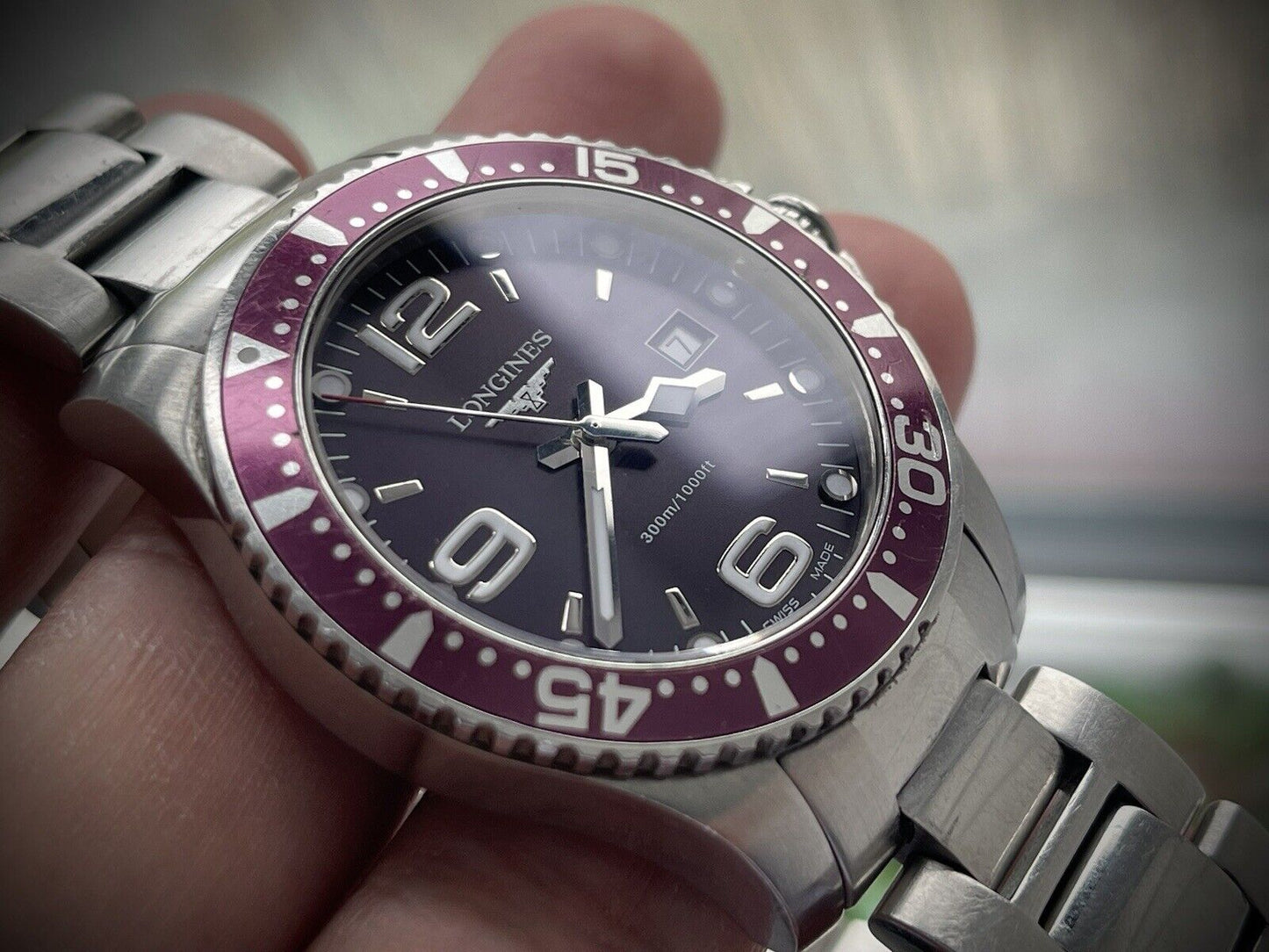 Longines Hydro Conquest Rare Purple Dial 39mm 1000ft Quartz Watch, L3.640.4 - Grab A Watch Co