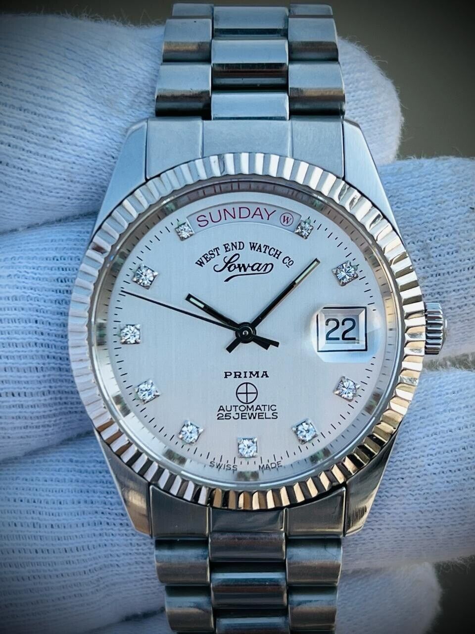 NOS West End Co President 6828 S/S Diamond Dial Day/Date Automatic Mens Watch - Grab A Watch Co