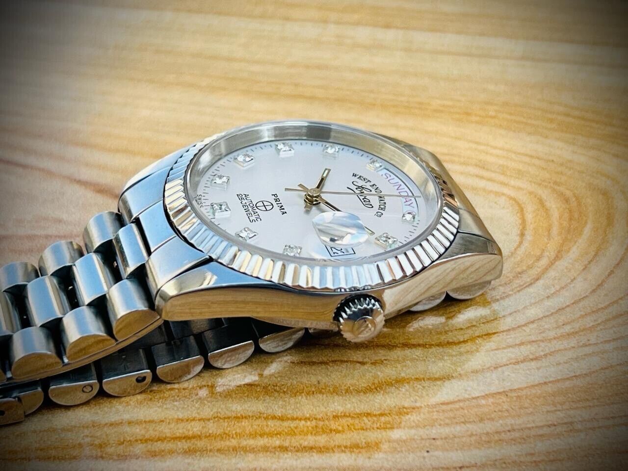 NOS West End Co President 6828 S/S Diamond Dial Day/Date Automatic Mens Watch - Grab A Watch Co