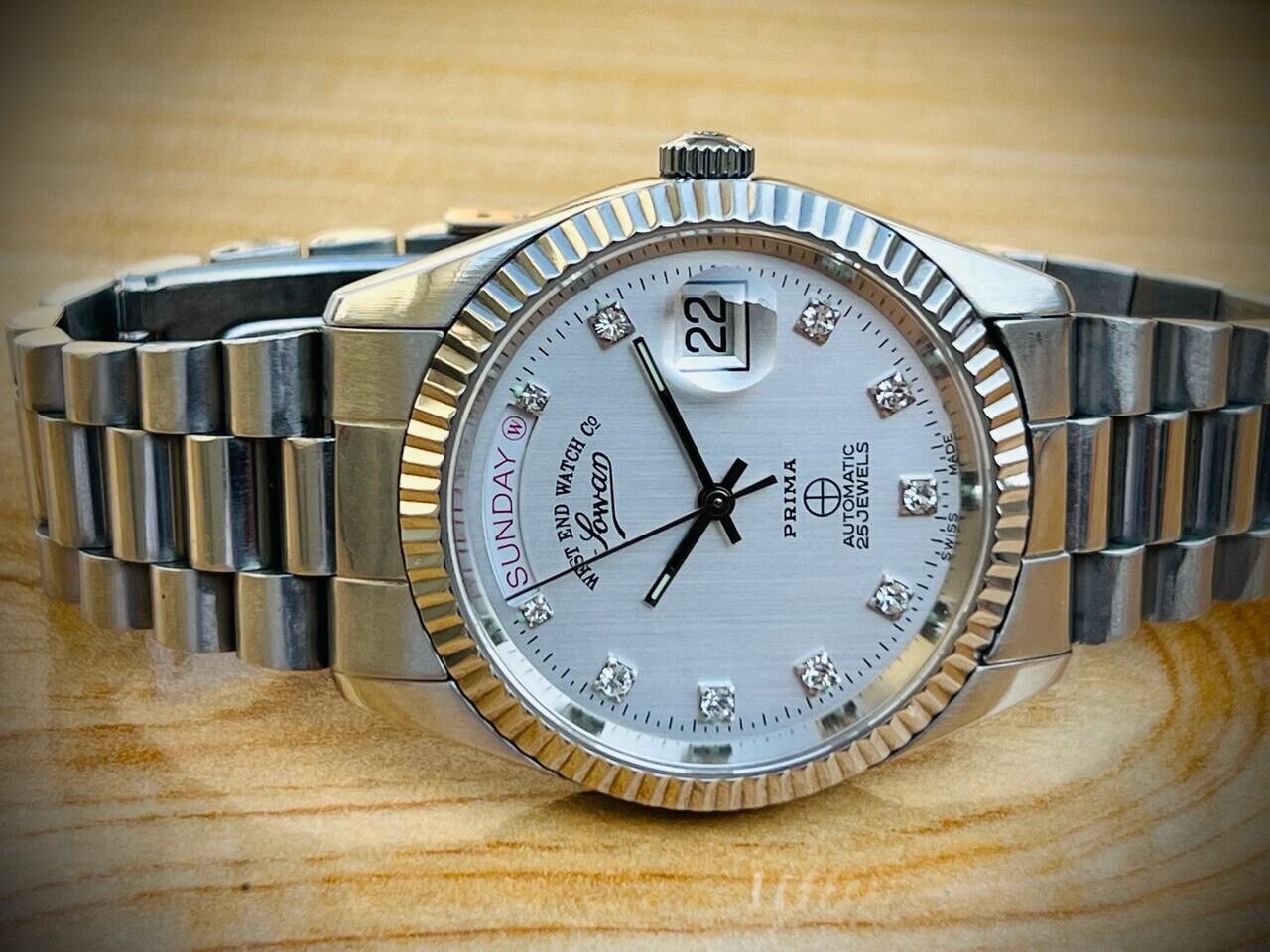 NOS West End Co President 6828 S/S Diamond Dial Day/Date Automatic Mens Watch - Grab A Watch Co