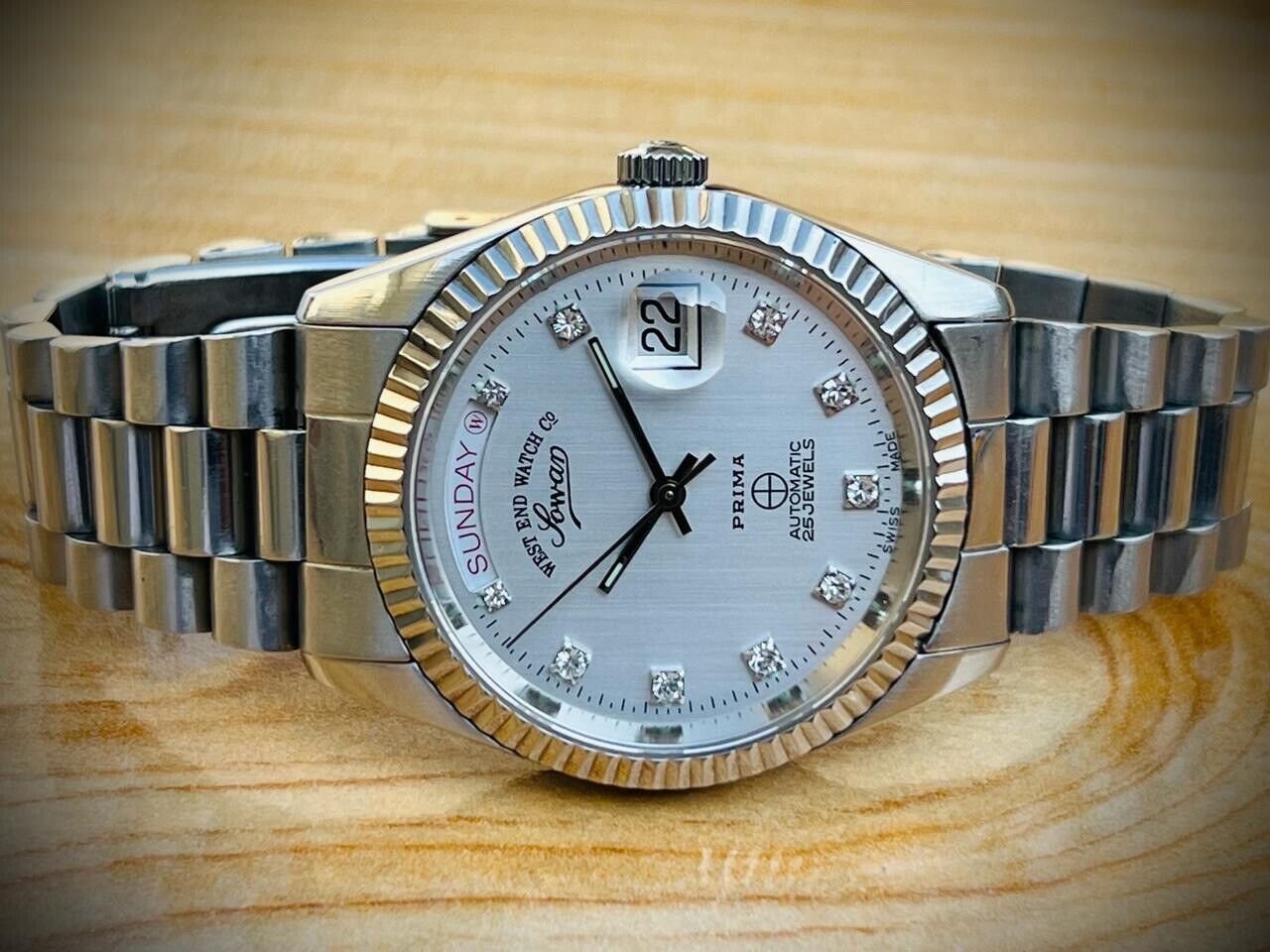NOS West End Co President 6828 S/S Diamond Dial Day/Date Automatic Mens Watch - Grab A Watch Co