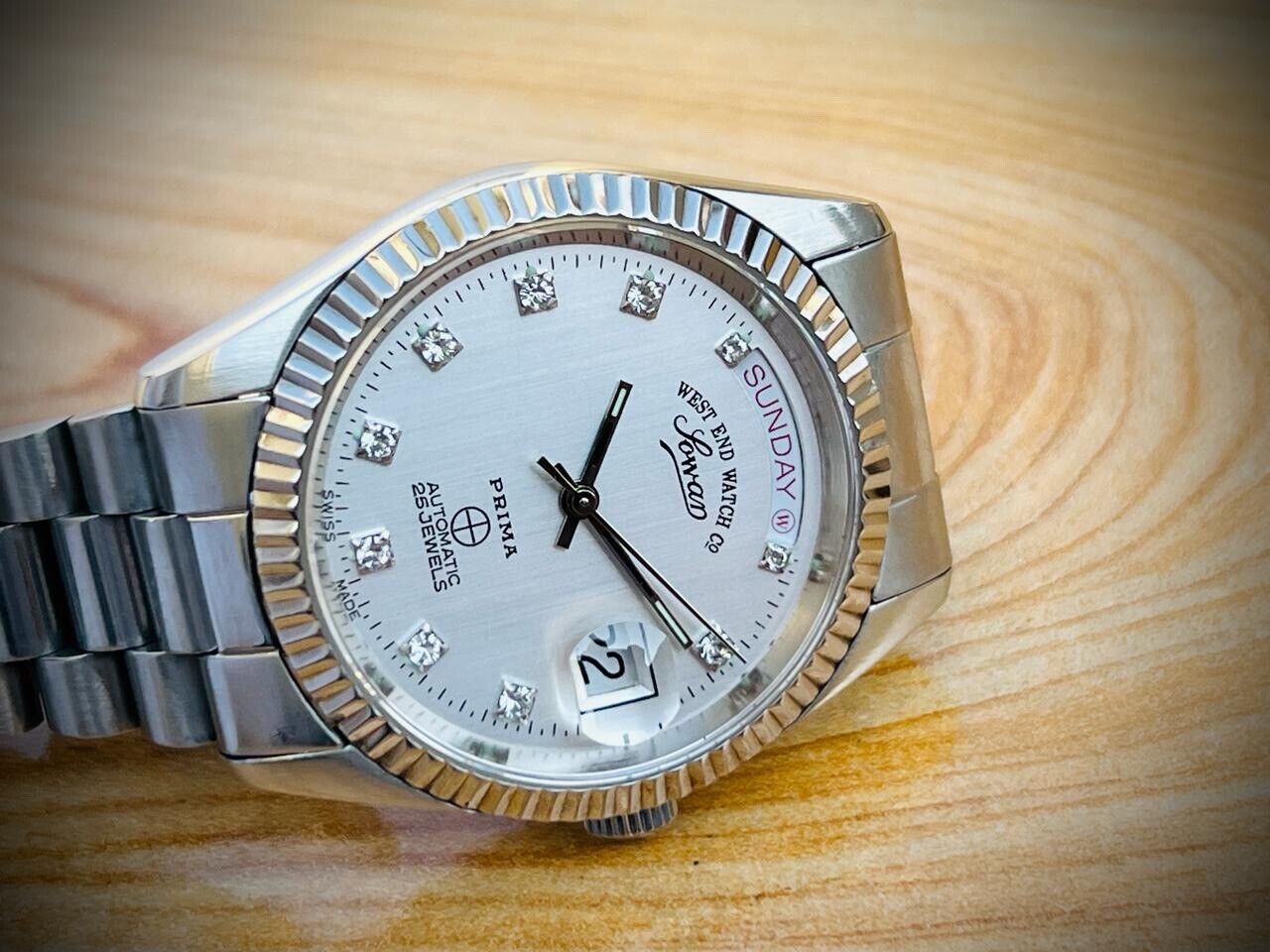 NOS West End Co President 6828 S/S Diamond Dial Day/Date Automatic Mens Watch - Grab A Watch Co