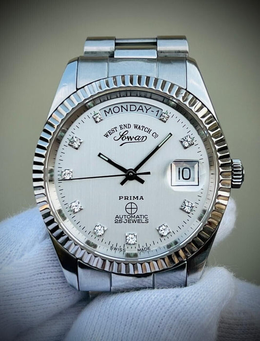 NOS West End Co President 6828 S/S Diamond Dial Day/Date Automatic Mens Watch - Grab A Watch Co
