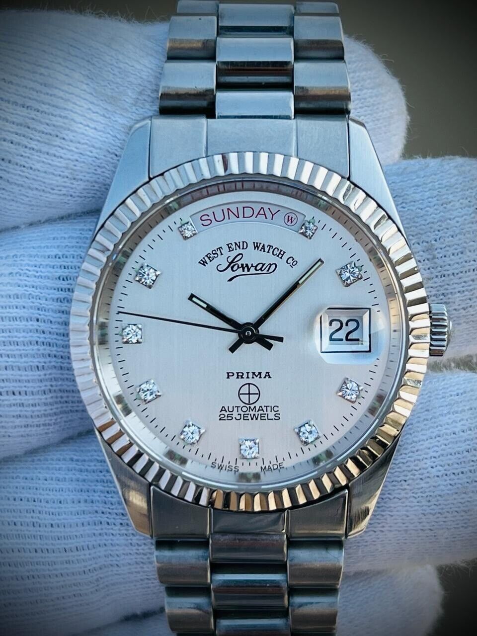 NOS West End Co President 6828 S/S Diamond Dial Day/Date Automatic Mens Watch - Grab A Watch Co