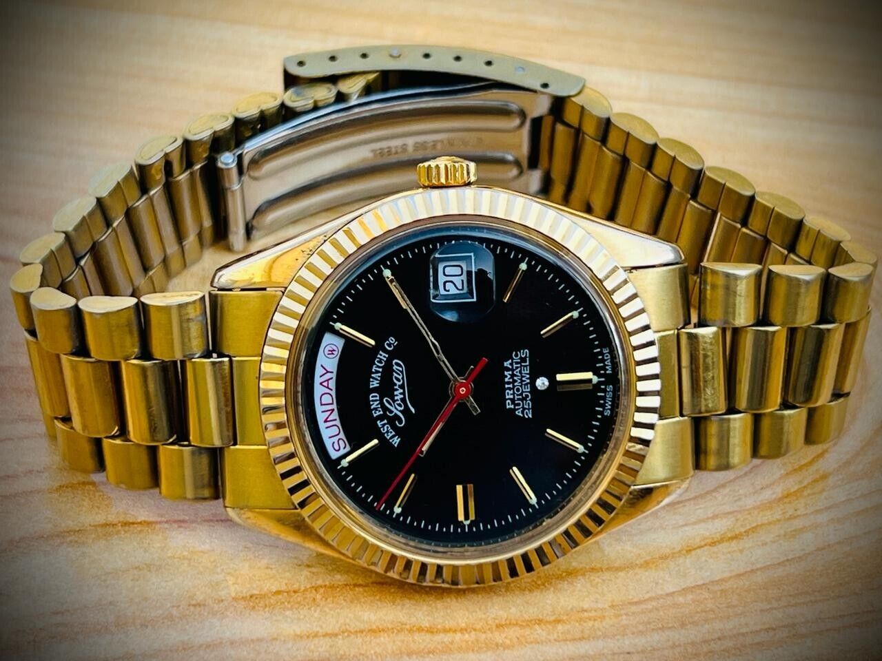 NOS West End Co President Gold Plated Black 38mm Day/Date Automatic Mens Watch - Grab A Watch Co
