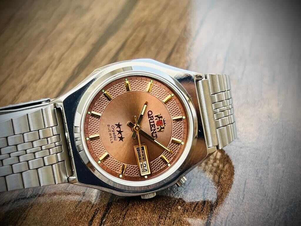 Orient 3 Star Crystal 21 Jewels Brown Dial, Perfect Mens Watch 35mm, Open Back - Grab A Watch Co