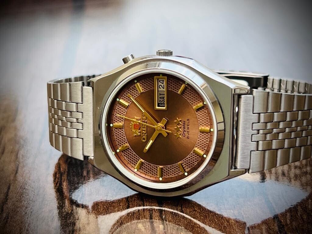 Orient 3 Star Crystal 21 Jewels Brown Dial, Perfect Mens Watch 35mm, Open Back - Grab A Watch Co