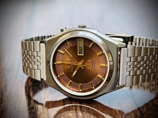 Orient 3 Star Crystal 21 Jewels Brown Dial, Perfect Mens Watch 35mm, Open Back - Grab A Watch Co