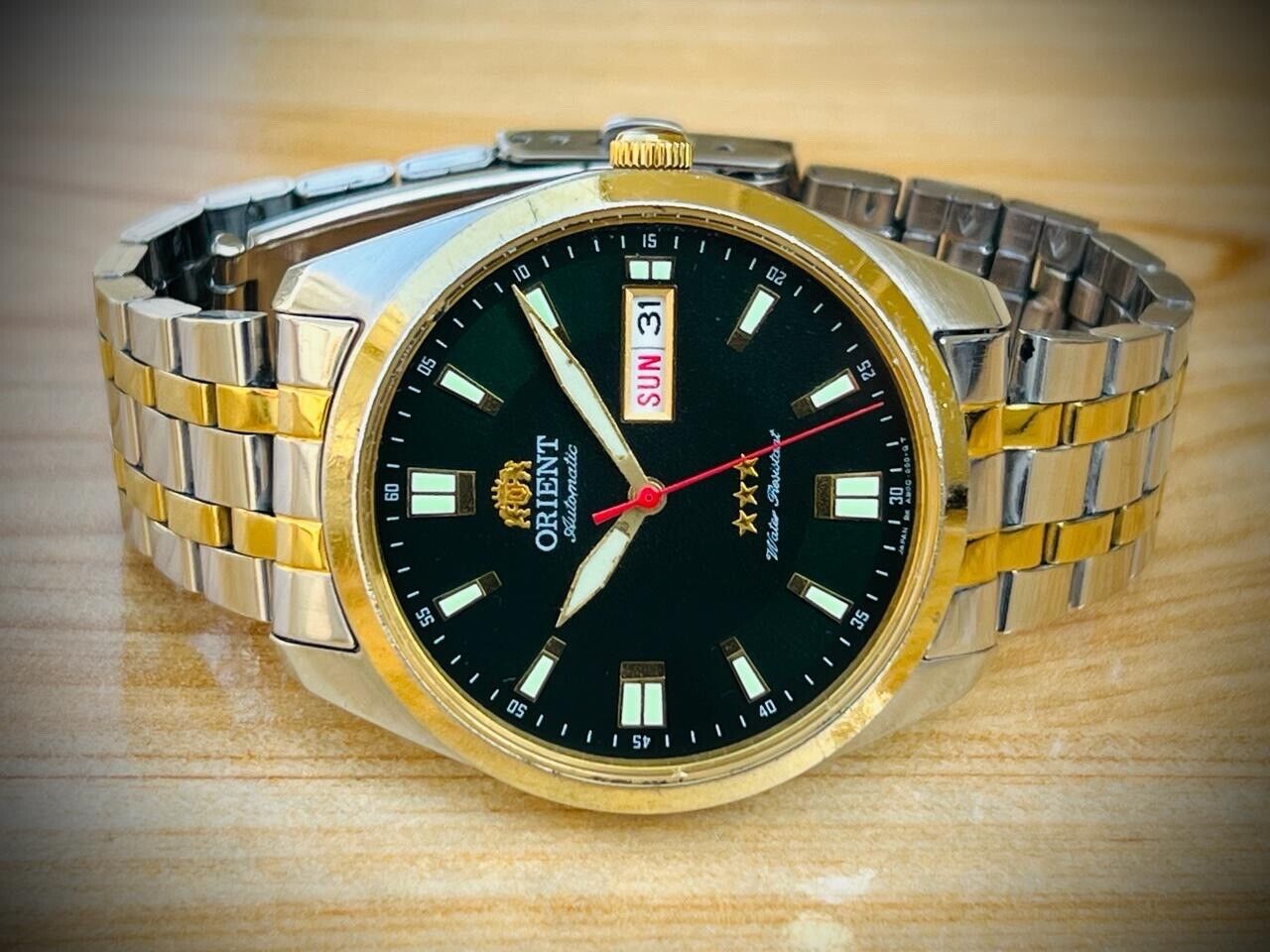 Orient 3 Star Green Dial 2/Tone Automatic Mens Watch 40mm, Rare Colour, Japan - Grab A Watch Co