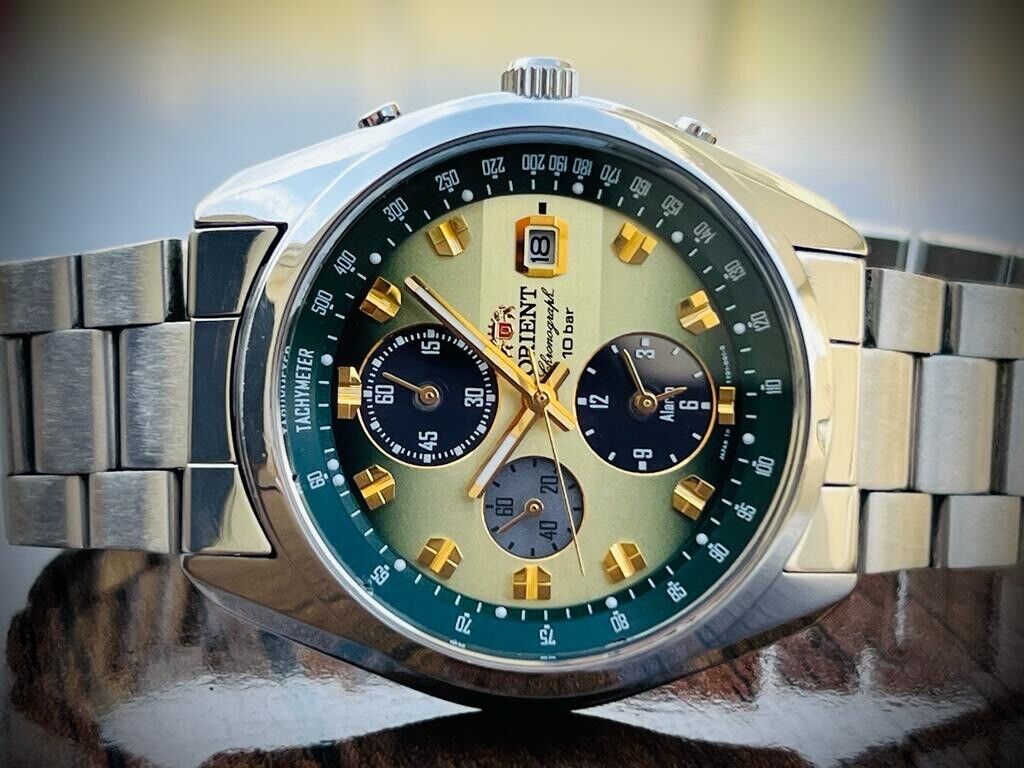 ORIENT Chronograph 10Bar Sporty Neo Seventies Horizon Green Dial Mens Watch 42mm - Grab A Watch Co