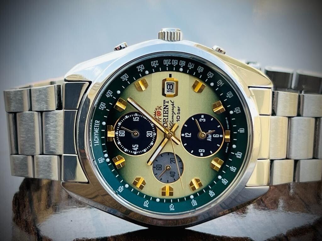 ORIENT Chronograph 10Bar Sporty Neo Seventies Horizon Green Dial Mens Watch 42mm - Grab A Watch Co