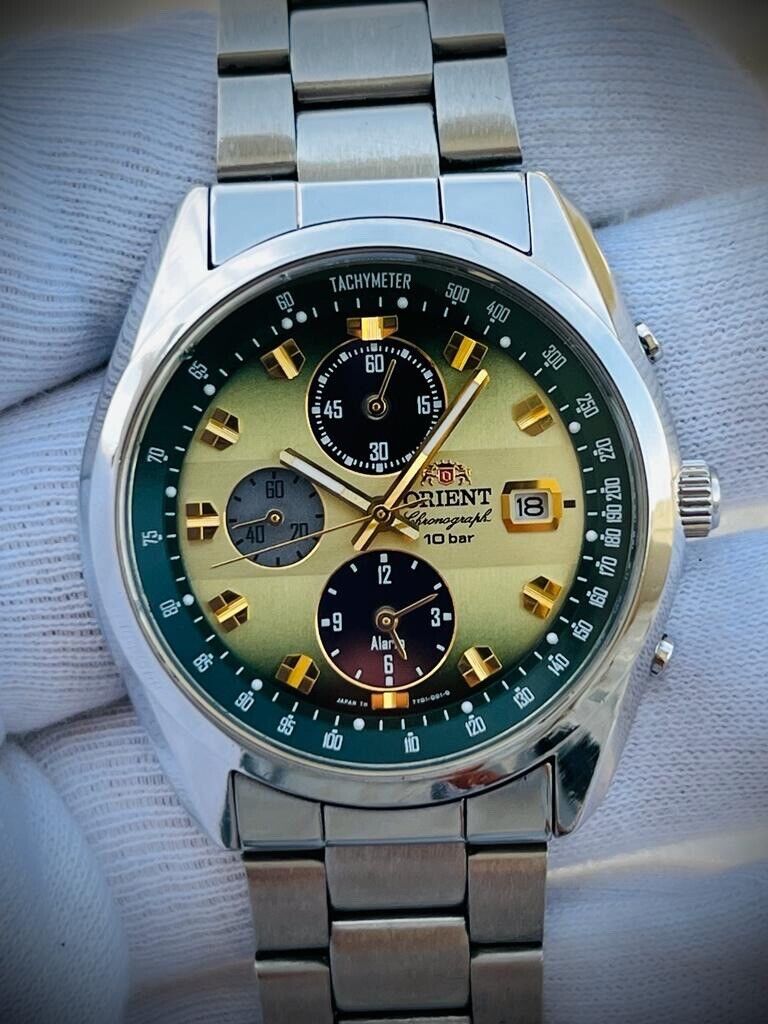 ORIENT Chronograph 10Bar Sporty Neo Seventies Horizon Green Dial Mens Watch 42mm - Grab A Watch Co