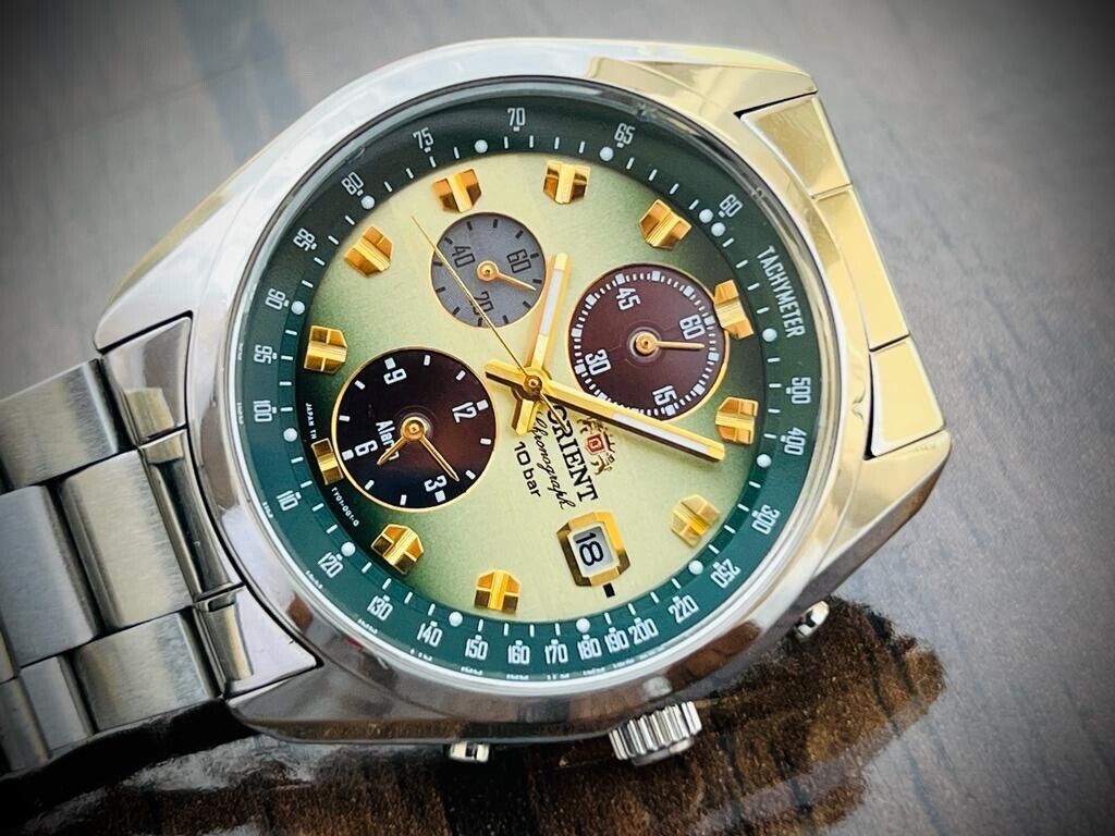 ORIENT Chronograph 10Bar Sporty Neo Seventies Horizon Green Dial Mens Watch 42mm - Grab A Watch Co
