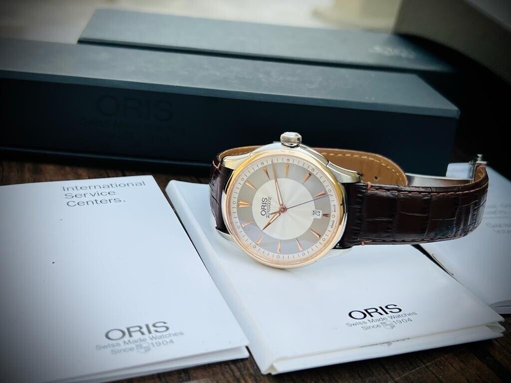 Oris Artelier Automatic 18k Rose Gold & Steel 40mm Mens Watch, Box + Papers - Grab A Watch Co