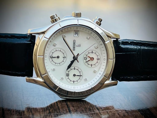 Rare Seiko Mother Of Pearl Diamond Dial Chronograph Quartz Gents Watch, 35mm - Grab A Watch Co