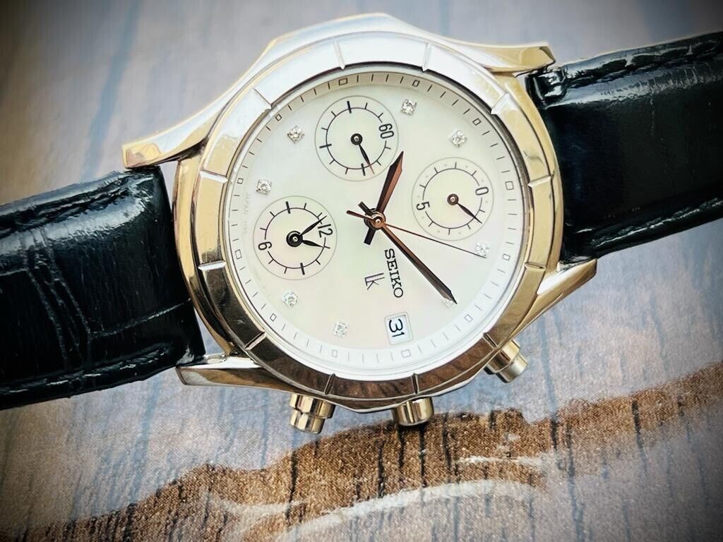 Rare Seiko Mother Of Pearl Diamond Dial Chronograph Quartz Gents Watch, 35mm - Grab A Watch Co