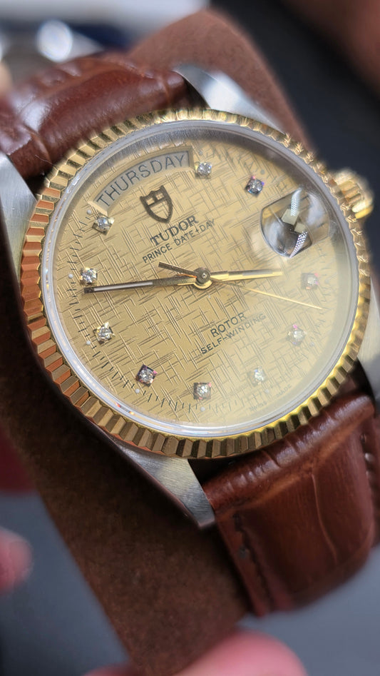 Vintage Tudor Prince Day Date 36mm Olive Diamond Dial Automatic Mens Watch G/P