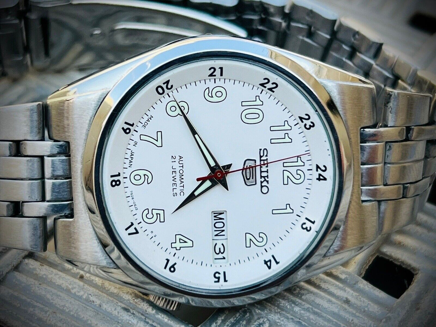 Seiko 5 Automatic 21 Jewels White dial Ref:7S26-02C0, Japan 36mm - Grab A Watch Co