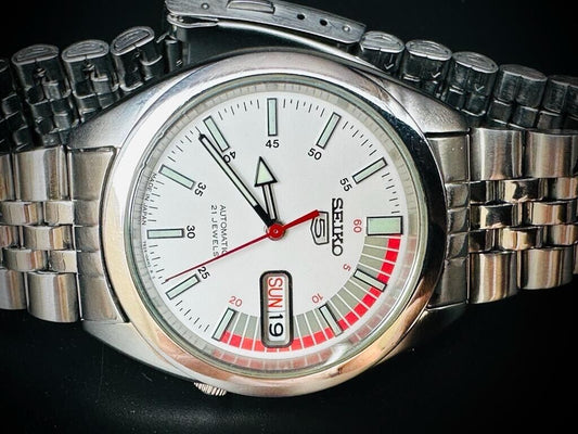 Seiko 5 Automatic White Racer Dial 21 Jewels 7s26 00x0 Made in Japan 38mm - Grab A Watch Co