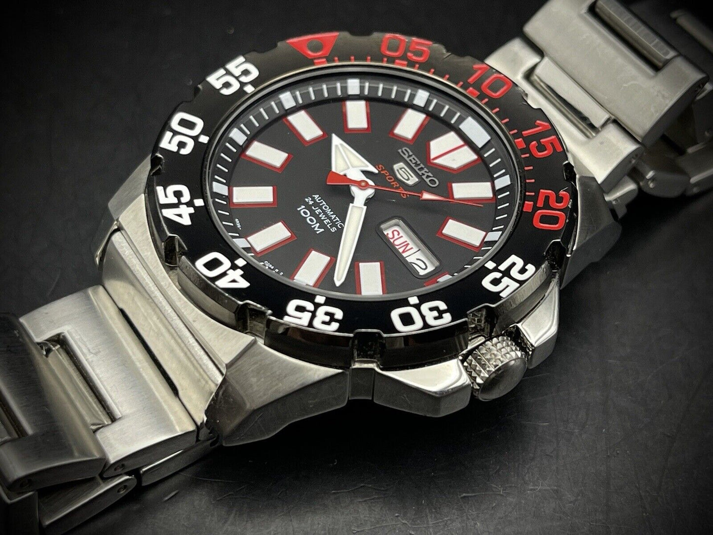 Seiko 5 Sports 100m 4R36-02T0 Monster Black Dial,  Automatic Gents Watch Genuine