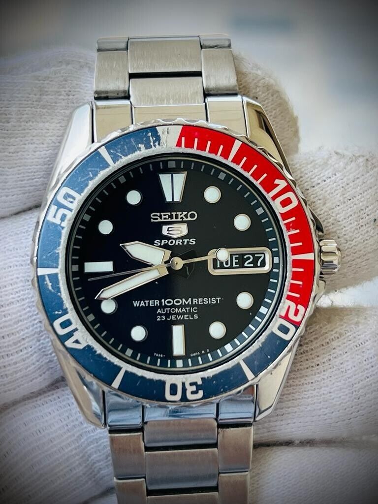 Seiko 5 Sports 100m Black Dial Diver Pepsi Bezel Automatic Gents Watch Genuine - Grab A Watch Co