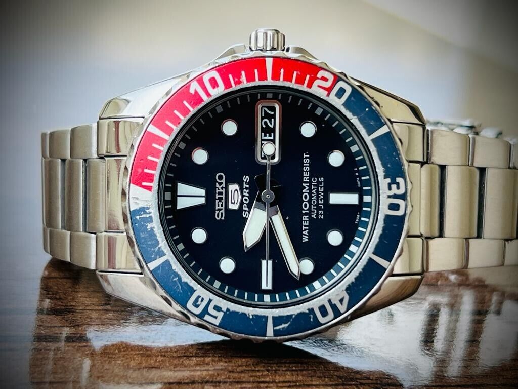 Seiko 5 Sports 100m Black Dial Diver Pepsi Bezel Automatic Gents Watch Genuine - Grab A Watch Co