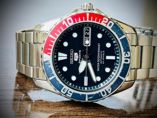 Seiko 5 Sports 100m Black Dial Diver Pepsi Bezel Automatic Gents Watch Genuine - Grab A Watch Co