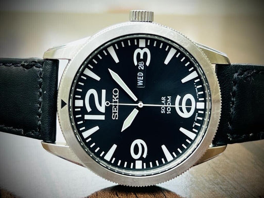 Seiko Solar 100m Military Style Black Dial Quartz 43mm Menβs Watch, Japan - Grab A Watch Co
