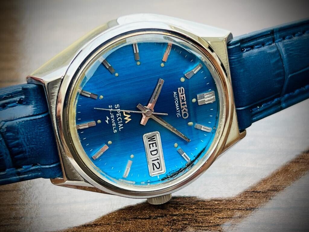 Vintage Beautiful Seiko LM Special 25 Jewels Blue Dial Automatic 5216-7000 Mens