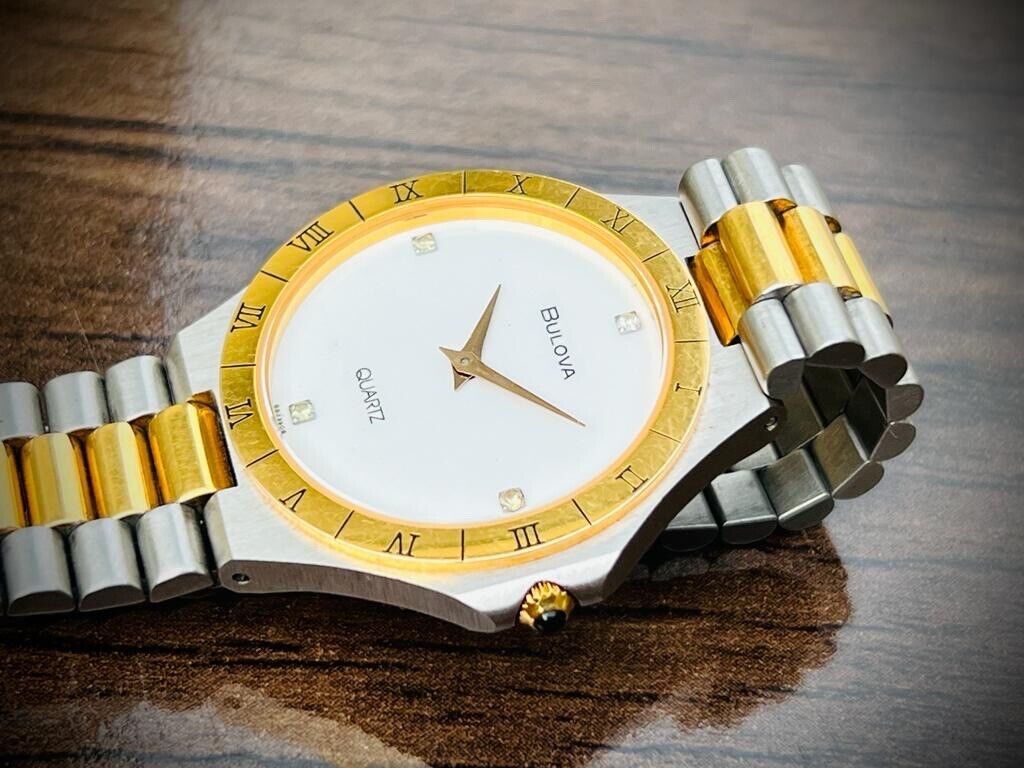 Vintage Bulova White Diamond Dial Slim 35mm 2/Tone Quartz Mens Watch, 054716 - Grab A Watch Co