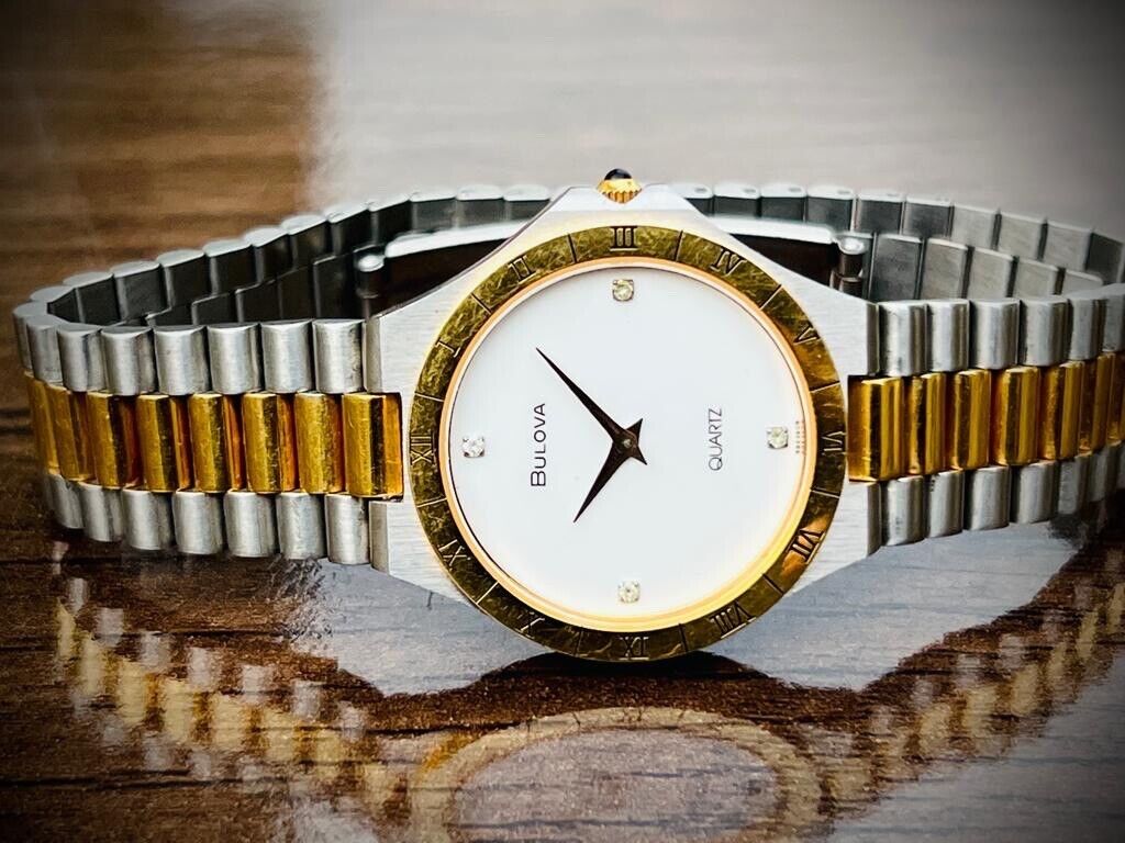 Vintage Bulova White Diamond Dial Slim 35mm 2/Tone Quartz Mens Watch, 054716 - Grab A Watch Co