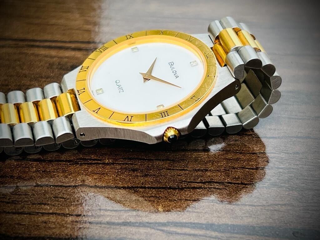 Vintage Bulova White Diamond Dial Slim 35mm 2/Tone Quartz Mens Watch, 054716 - Grab A Watch Co